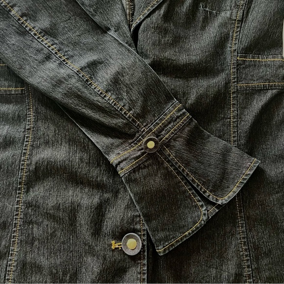 Bisou Bisou Dark Blue Denim Trench Coat Jean Jacket Contrast Stitch Button Small - Picture 8 of 13